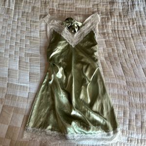 Green Silk Slip Dress w/ Lace Details
